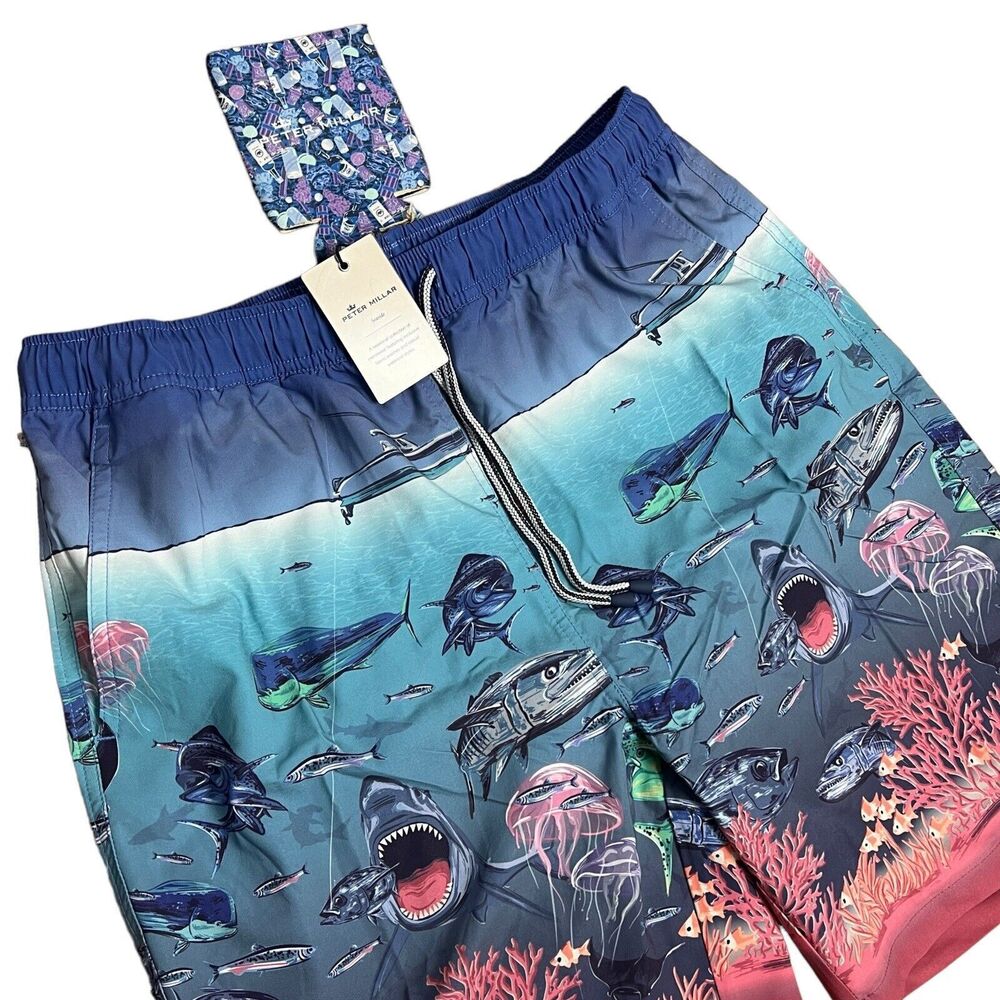 Peter Millar Swim Trunks Men’s XL Blue Shorts Ocean Fish Island Shark Boat Beach